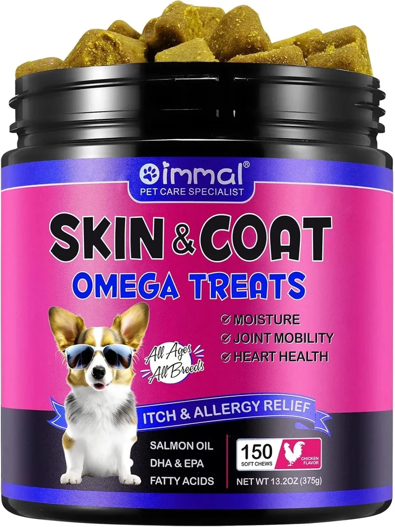 Biscoitos Skin & Coat Ómega 3 para cães - Pele saudável e Pelo brilhante - Alívio de alergias e comichão, com biotina, DHAgold, zinco, vitamina C, óleo de salmão para cães (150 unidades, sabor a frango)