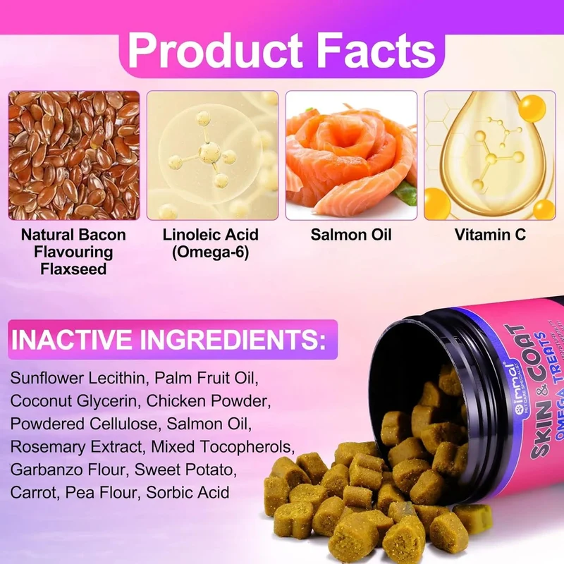 Biscoitos Skin & Coat Ómega 3 para cães - Pele saudável e Pelo brilhante - Alívio de alergias e comichão, com biotina, DHAgold, zinco, vitamina C, óleo de salmão para cães (150 unidades, sabor a frango)