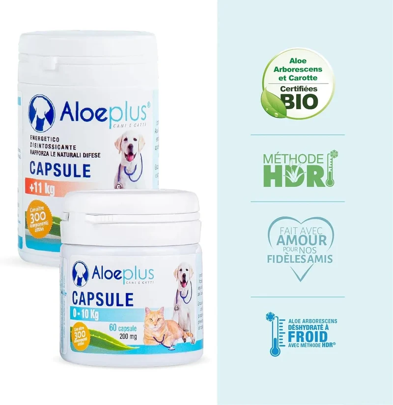Cápsulas para cães e gatos até 10 kg - Suplemento natural à base de aloé arborescens orgânico, para o bem-estar de cães e gatos