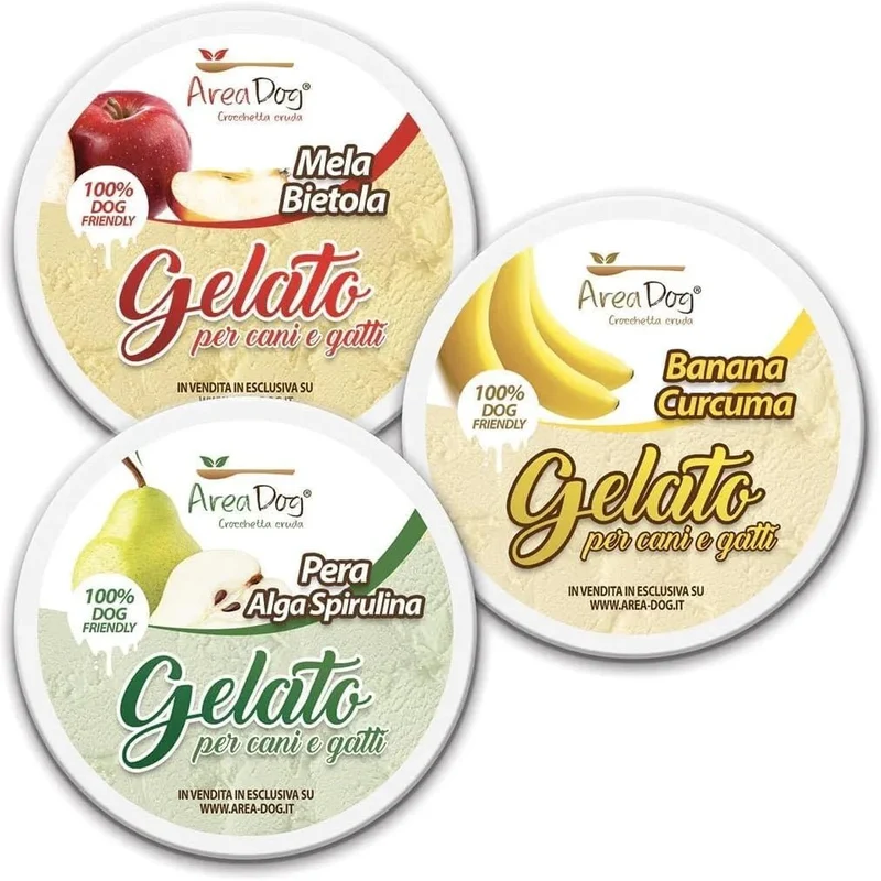 Gelado para cães e gatos - caixa 6 x 40 g - 3 sabores x 2: Banana e açafrão, maçã e acelga vermelha, pera e algas espirulina - 100% Pet Friendly - fresco e saboroso - Made in Italy