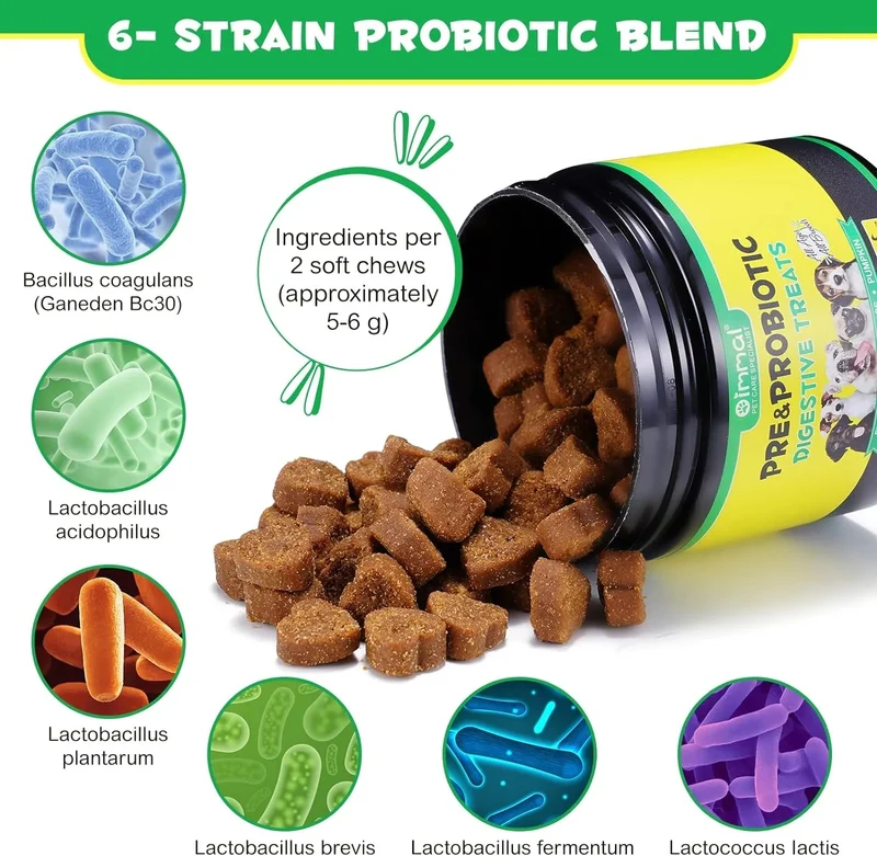 Comprimidos para mastigar probióticos para todos os cães, guloseimas digestivas pré e probióticas (desconforto no estômago, inchaço, comichão, diarreia) (140 gr, 60 unidades)