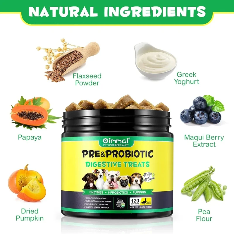 Comprimidos para mastigar probióticos para todos os cães, guloseimas digestivas pré e probióticas (desconforto no estômago, inchaço, comichão, diarreia) (140 gr, 60 unidades)