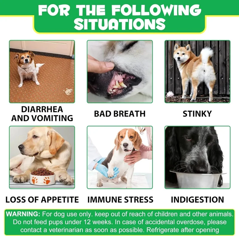 Comprimidos para mastigar probióticos para todos os cães, guloseimas digestivas pré e probióticas (desconforto no estômago, inchaço, comichão, diarreia) (140 gr, 60 unidades)