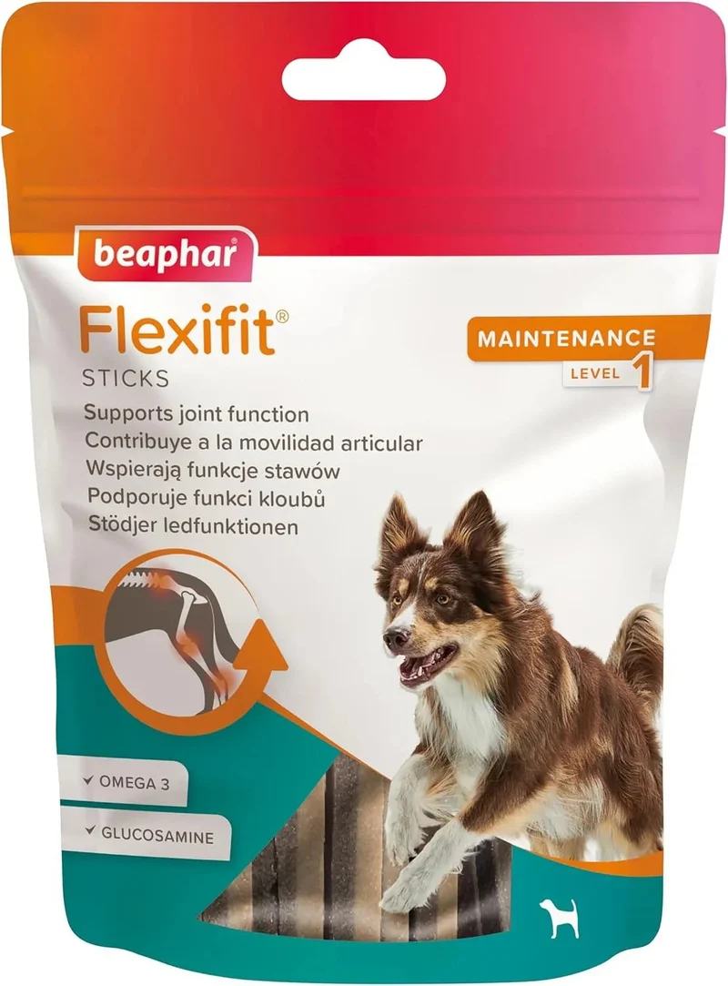 Beaphar Flexifit Sticks - barras articulares para cães ativos - sabor de carne, ômega 3, glucosamina e mexilhão de lábio verde - 175 g