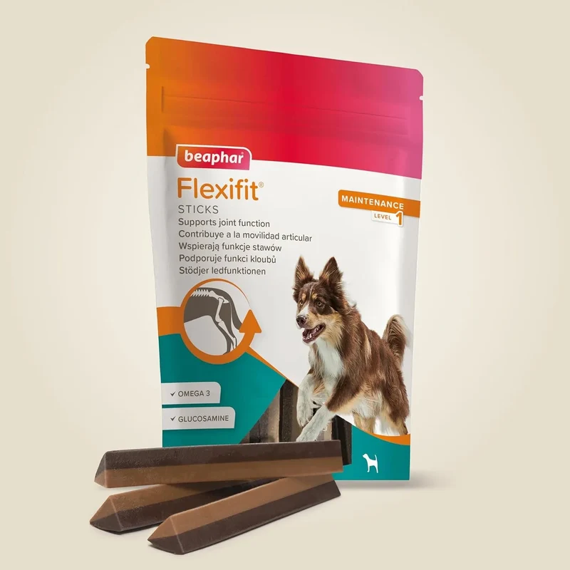 Beaphar Flexifit Sticks - barras articulares para cães ativos - sabor de carne, ômega 3, glucosamina e mexilhão de lábio verde - 175 g