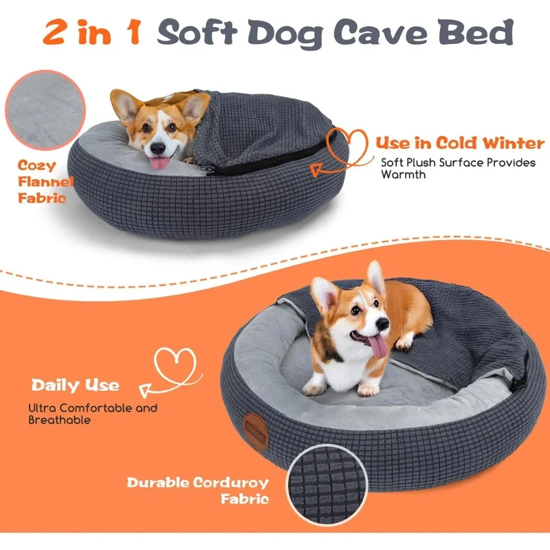 Cama para cão com cobertor, cama para cães médios, lavável, redonda com fundo antiderrapantes