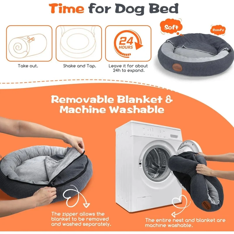 Cama para cão com cobertor, cama para cães médios, lavável, redonda com fundo antiderrapantes