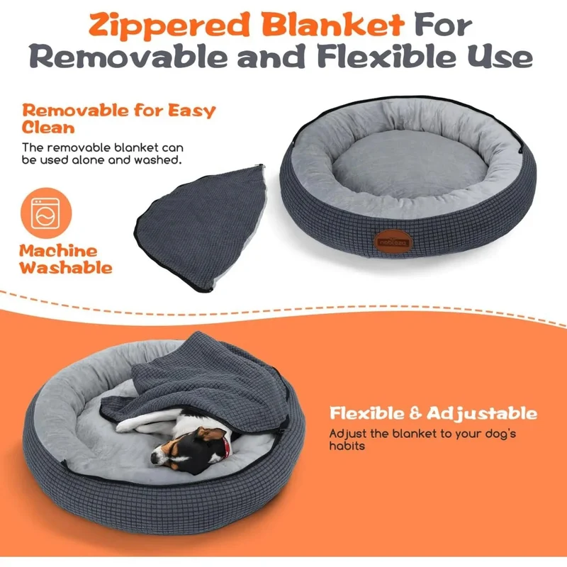 Cama para cão com cobertor, cama para cães médios, lavável, redonda com fundo antiderrapantes