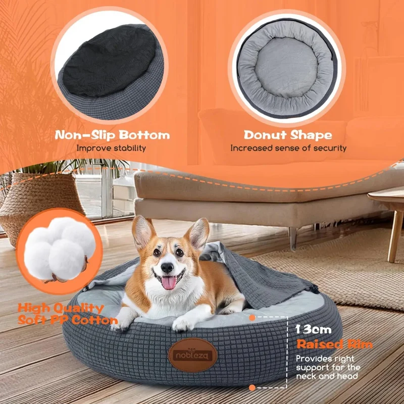 Cama para cão com cobertor, cama para cães médios, lavável, redonda com fundo antiderrapantes