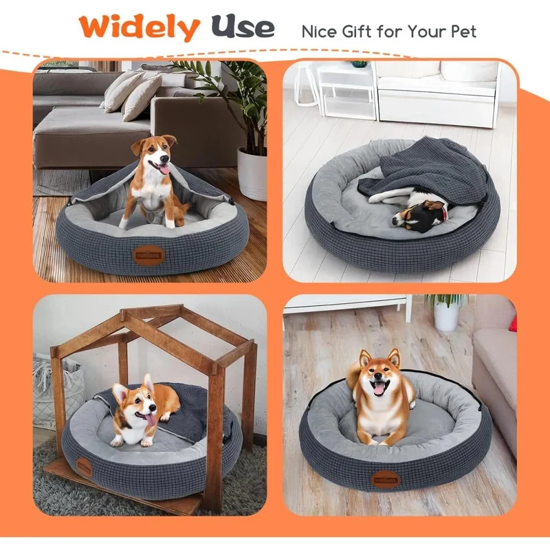 Cama para cão com cobertor, cama para cães médios, lavável, redonda com fundo antiderrapantes