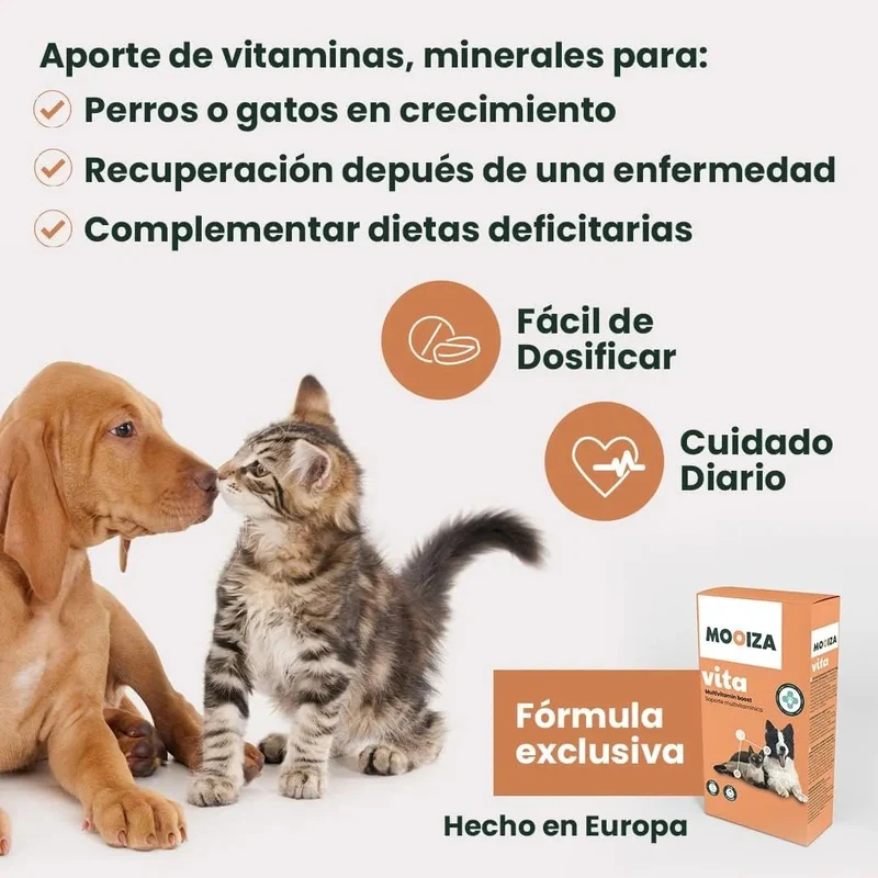 MOOIZA Vita - 21 multivitaminas e minerais para cães e gatos, aminoácidos, complexo vitamina B com vitamina A, C, D3 - zinco - iodo - cálcio - apoio imunitário - ossos
