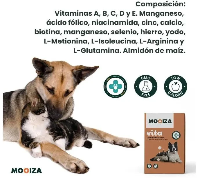 MOOIZA Vita - 21 multivitaminas e minerais para cães e gatos, aminoácidos, complexo vitamina B com vitamina A, C, D3 - zinco - iodo - cálcio - apoio imunitário - ossos