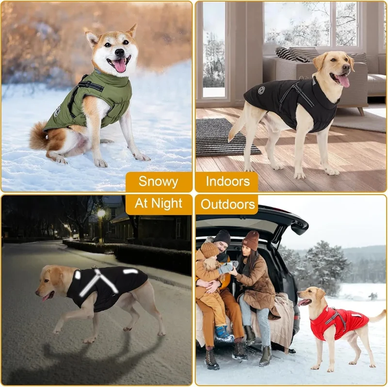 Casaco vermelho, de inverno, para cão, impermeável, resistente ao vento, com tiras refletoras seguras e arnês ajustável