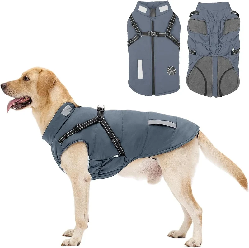 Casaco azul de inverno para cão, impermeável, resistente ao vento, com tiras refletoras seguras e arnês ajustável