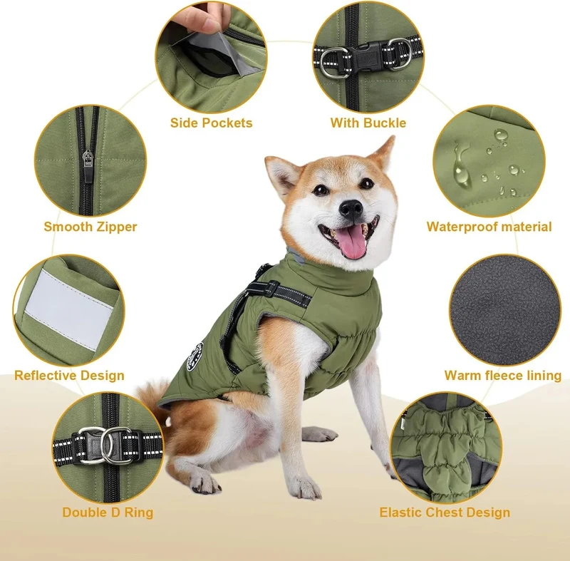 Casaco azul de inverno para cão, impermeável, resistente ao vento, com tiras refletoras seguras e arnês ajustável