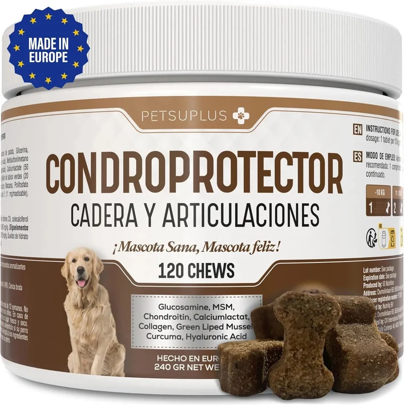 Condroprotetor para cães - glucosamina, MSM, condroitina, colageneo, ácido hial - fortalece as cartilagens e protege as articulações - anti-inflamatório natural - 120 mastigáveis