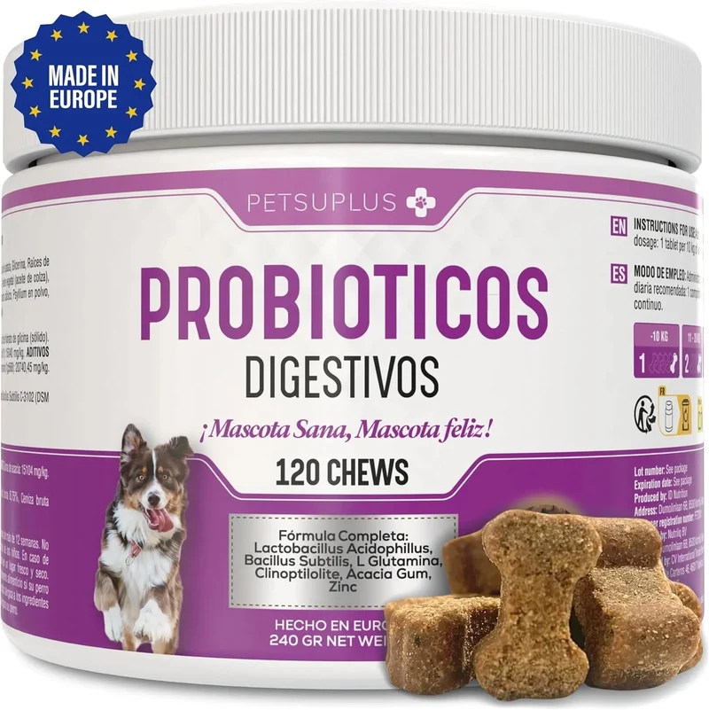 Probiótico para cães - suplemento digestivo - Repara a flora intestinal, protege o sistema imunitário e previne doenças - combate a diarreia, e vómitos - 120 biscoitos