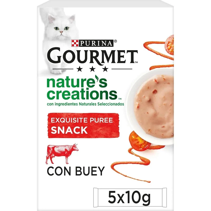Gourmet Purina Nature's Creations Puree, Snack para Gatos, 11 pacotes de 5 envelopes 10 g = 55 refeições