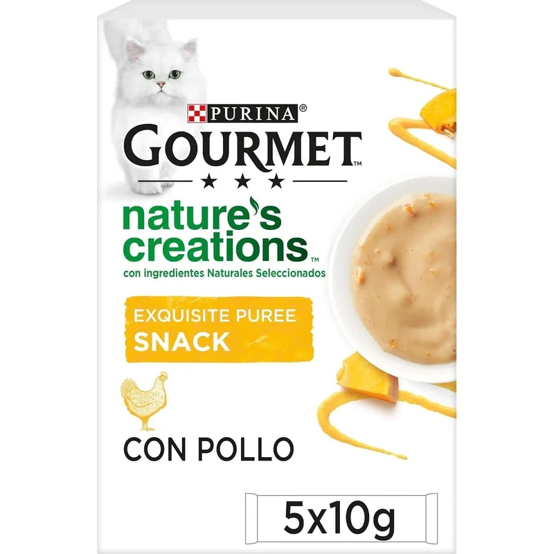 Gourmet Purina Nature's Creations Puree, Snack para Gatos, 11 pacotes de 5 envelopes 10 g = 55 refeições