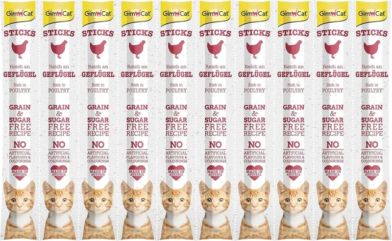2 x 10 = 20 GimCat Sticks Aves - Pauzinhos macios para mastigar com alto teor de carne e sem adição de açúcar - 2 pacotes (20 sticks)