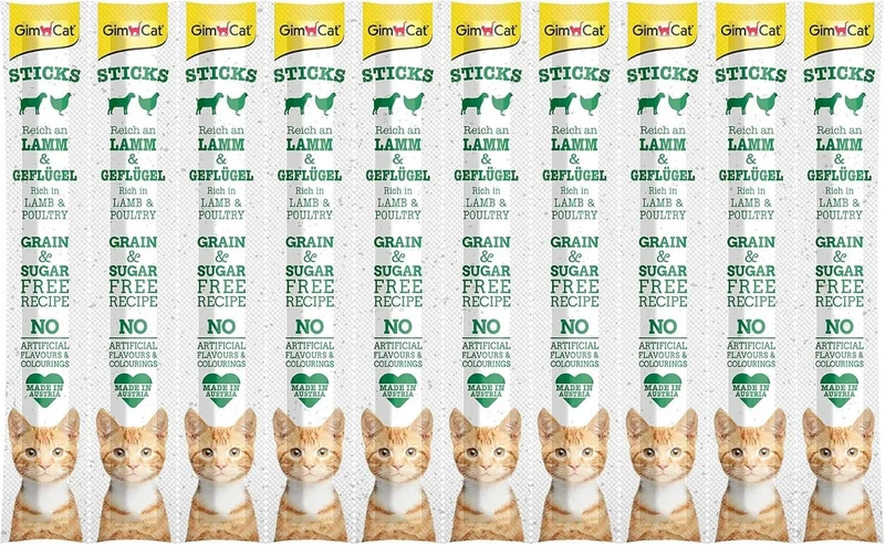 GimCat Sticks cordeiro e aves - palitos suaves para mastigar com alto teor de carne e sem adição de açúcar - 1 multipack (10 sticks)