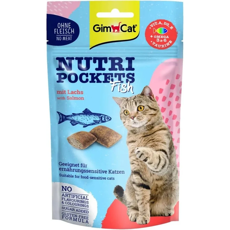 3 Saquetas GimCat Nutri Pockets Fish Salmon Snack crocante de salmão e peixe, para gatos, com ingredientes funcionais (3 saquetas de 60 gramas = 180 gramas)
