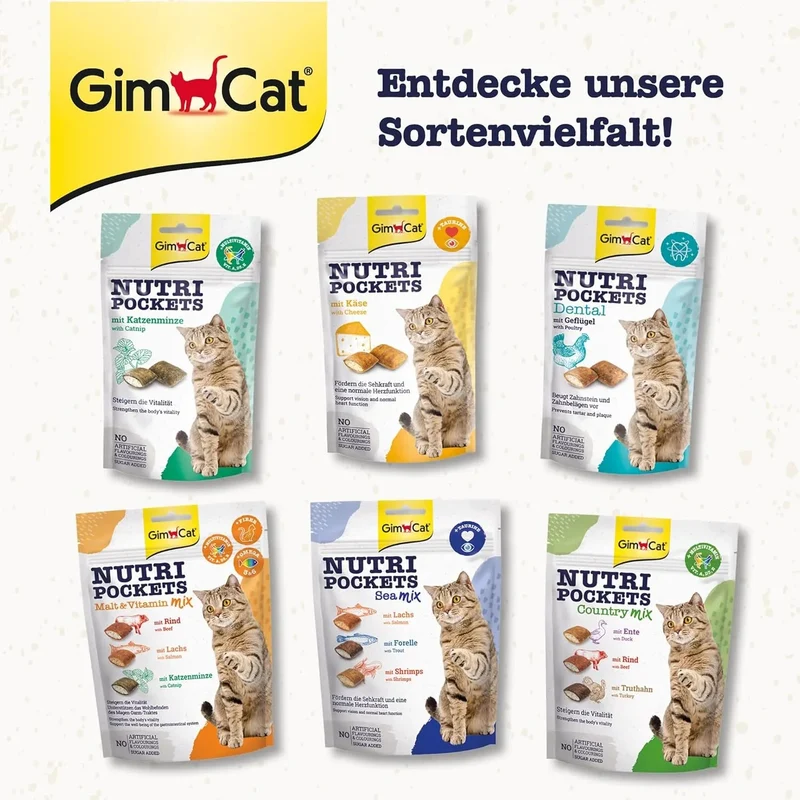 3 Saquetas GimCat Nutri Pockets Fish Salmon Snack crocante de salmão e peixe, para gatos, com ingredientes funcionais (3 saquetas de 60 gramas = 180 gramas)