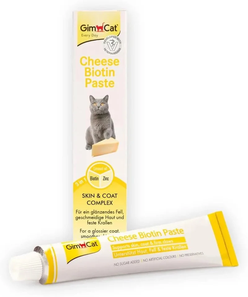 GimCat Cheese Biotin, pasta de queijo com biotina com queijo aromático, zinco e óleo de linhaça para a pelagem, pele e unhas