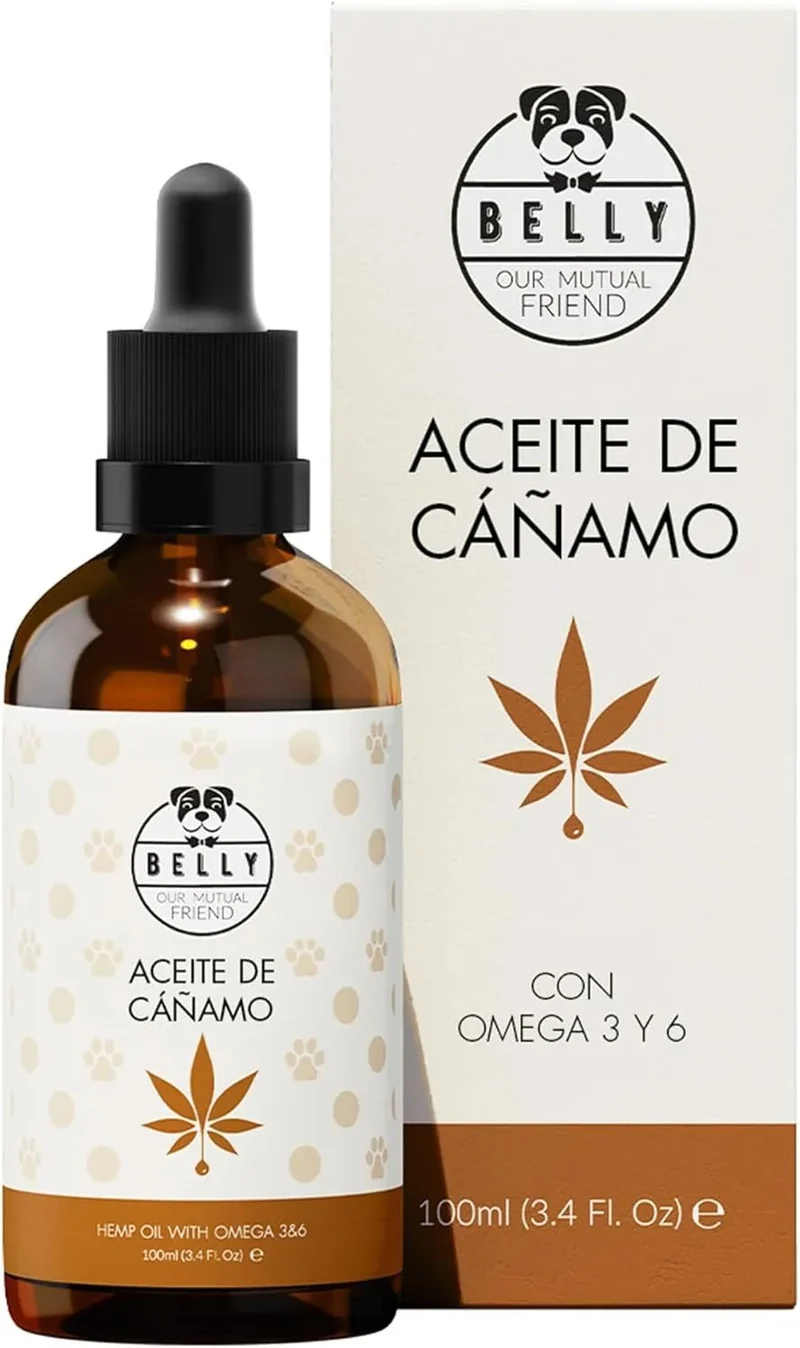 Belly Óleo de cânhamo ômega 3 e 6 para cão, 100 ml - complemento alimentar para a pele e a pelagem - ajuda na ansiedade - rico em vitaminas A, B, E, C e D