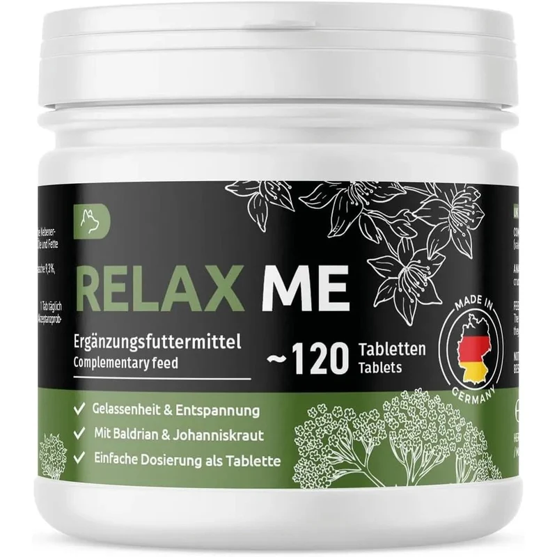GreenPet Relax Me 120 comprimidos - agente calmante para cães, extra forte, para a ansiedade, o stress, viagens de carro, calmante e relaxante, Valeriana, erva de São João - Made in Germany