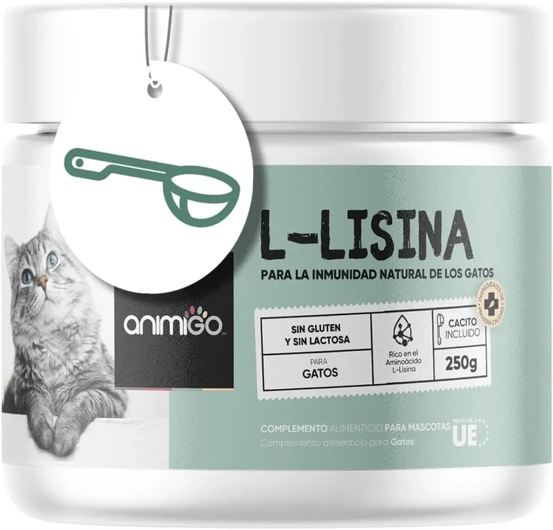 Lisina para gatos, em pó, com colher, para o sistema imunitário, defesas naturais e função respiratória - suplemento natural de minoácidos essenciais para todas as raças, sem glúten (250 gramas)