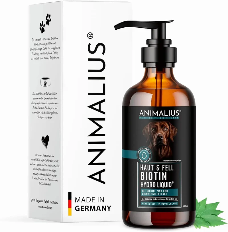 Pele e Pêlo Biotina Líquida, 500 ml para cães, com zinco, biotina, MSM para a comichão, perda de pêlo, para pêlo brilhante e forte