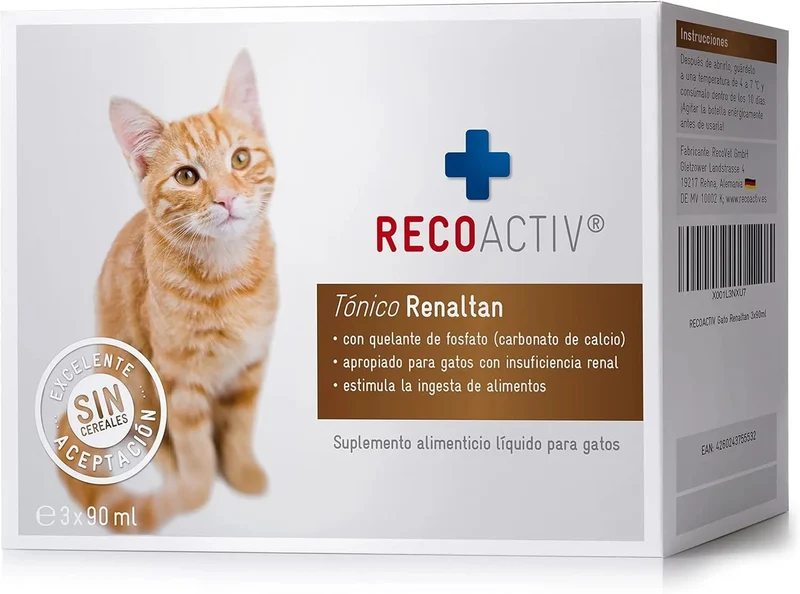 RECOACTIV Tónico renal para gatos, 3 x 90 ml, suplemento alimentar com aglutinante de fosfato para reduzir o conteúdo de fosfato na dieta em casos de insuficiência renal ou IRC