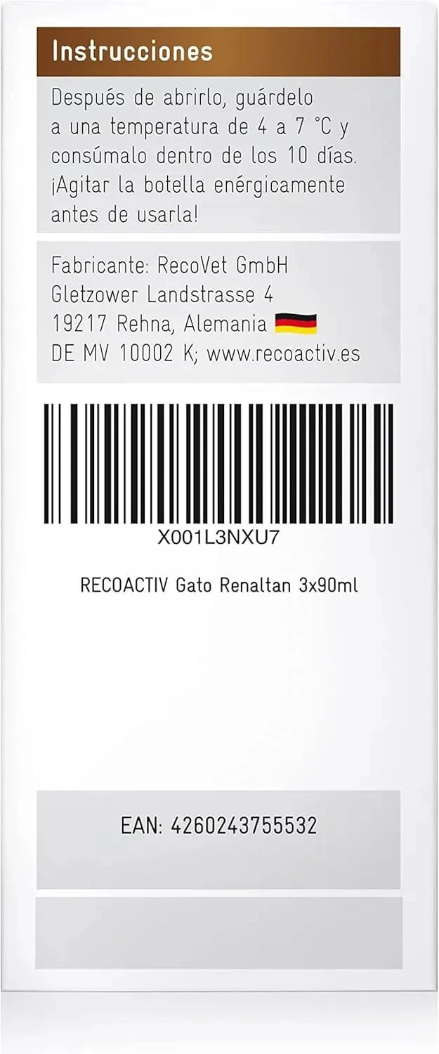 RECOACTIV Tónico renal para gatos, 3 x 90 ml, suplemento alimentar com aglutinante de fosfato para reduzir o conteúdo de fosfato na dieta em casos de insuficiência renal ou IRC