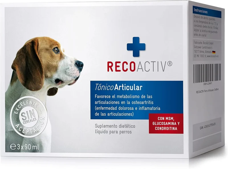 RECOACTIV Tónico para articulações de cães, 3 x 90 ml, suplemento alimentar para doenças articulares degenerativas, com mexilhão de lábios verdes e glucosamina