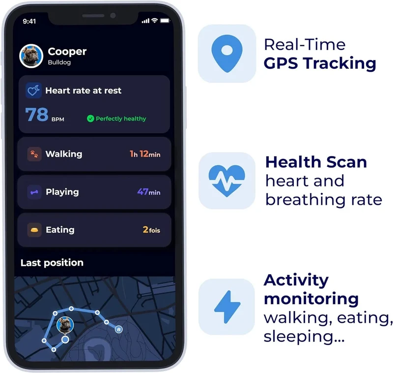 Rastreador de saúde e GPS para cães #1 - informação cardíaca e respiratória - localização em tempo real - análise de atividade e bem-estar - compacta, leve e fácil de instalar
