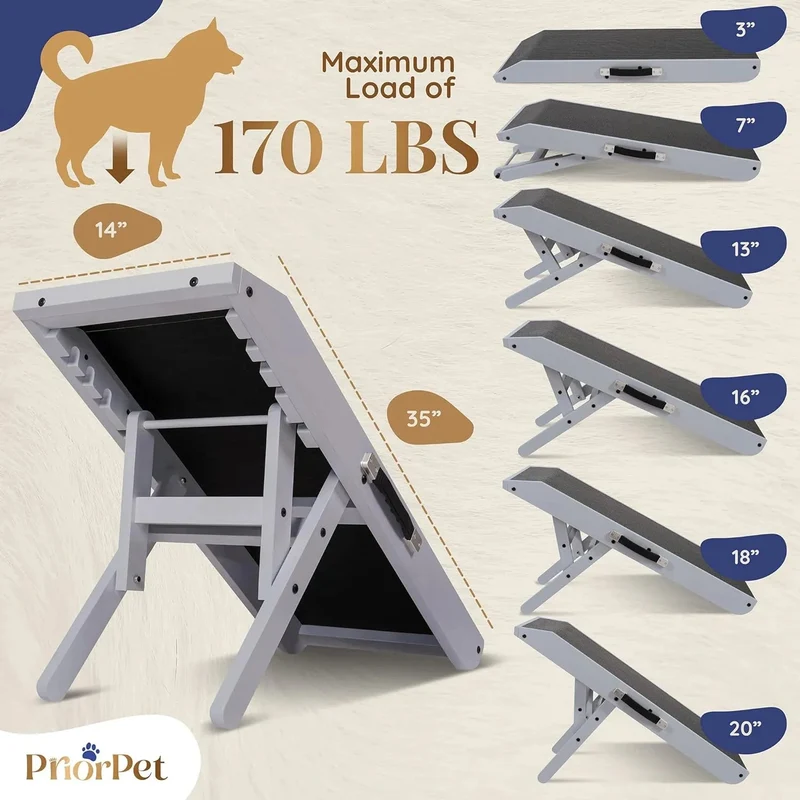 Rampa para cães pequenos ou médios - ajustável entre 18 e 53 cm de altura - para cama e sofá - madeira de bétula - a plataforma conecta-se perfeitamente - superfície antiderrapante