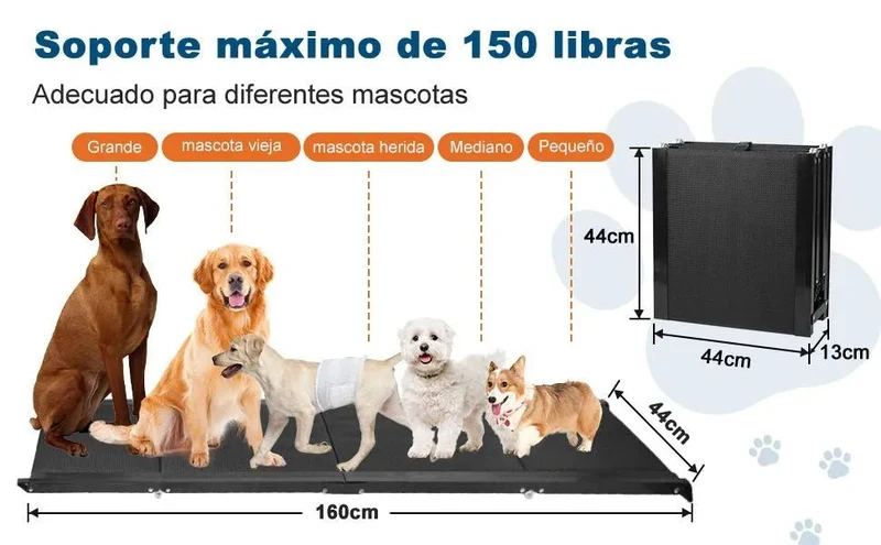 Rampa para Cães, para carros, 1,60 m de comprimento, Dobrável, em Alumínio Antideslizante, Capacidade de Carga de 90 Kgs