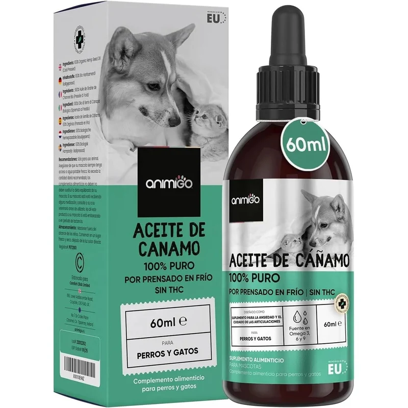 Óleo de cânhamo 100 % puro para cães e gatos 60 ml, calmante e anti-stress, ômega 3, 6 e 9, melhora o sono e cuida das suas articulações, pele e pêlo, sem sabor