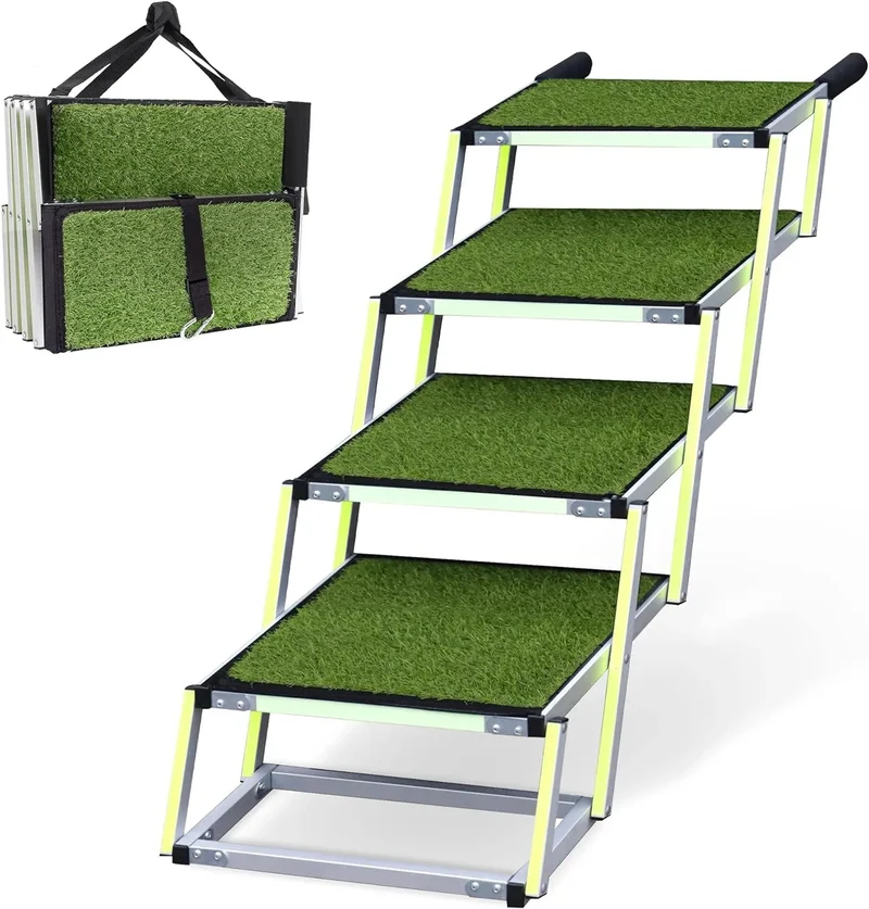 Escada para cães pequenos e grandes - superfície de relva artificial antiderrapante - Adequado para todos os carros - 4 degraus