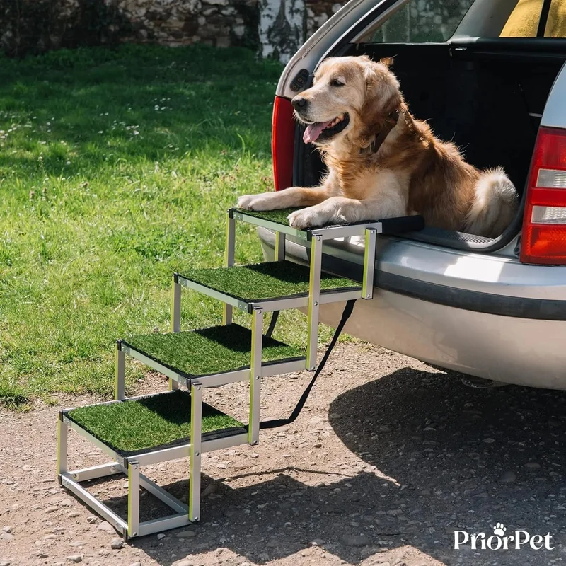 Escada para cães pequenos e grandes - superfície de relva artificial antiderrapante - Adequado para todos os carros - 4 degraus