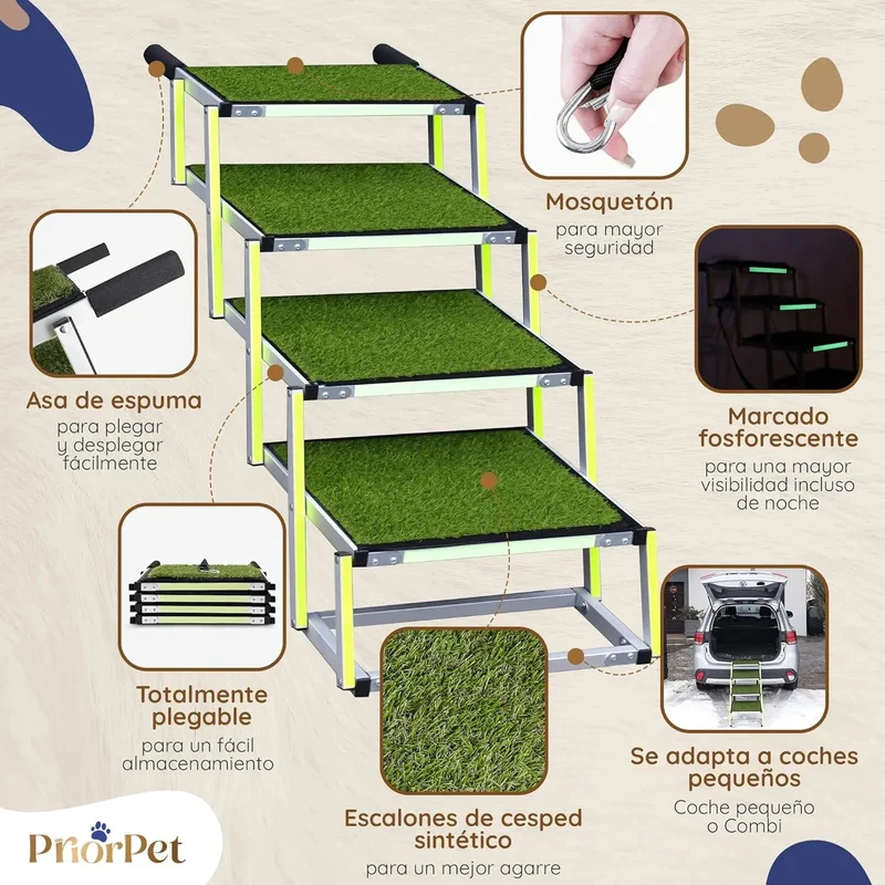 Escada para cães pequenos e grandes - superfície de relva artificial antiderrapante - Adequado para todos os carros - 4 degraus