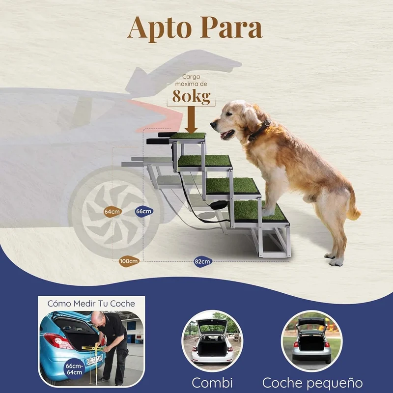 Escada para cães pequenos e grandes - superfície de relva artificial antiderrapante - Adequado para todos os carros - 4 degraus