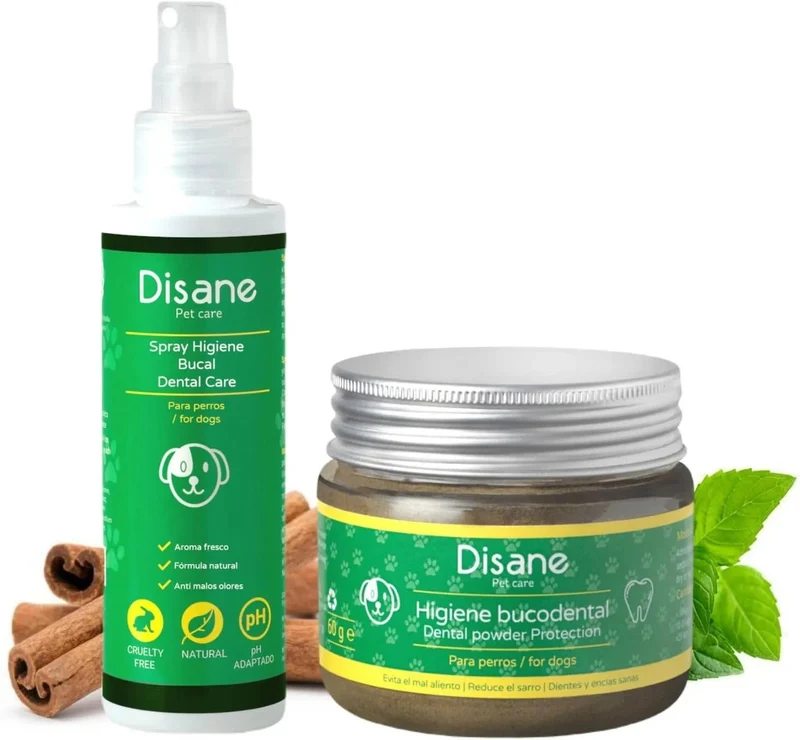 Pack Higiene bocal para cães | Spray bocal e pó de higiene bocal | evita o mau hálito | combate o tártaro | protege dentes e gengivas