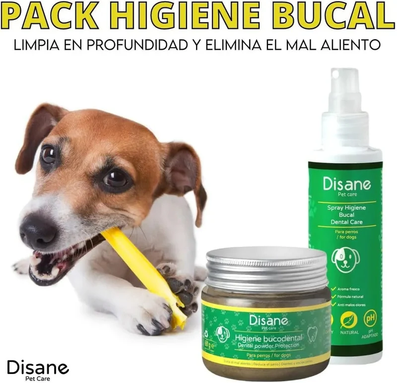 Pack Higiene bocal para cães | Spray bocal e pó de higiene bocal | evita o mau hálito | combate o tártaro | protege dentes e gengivas