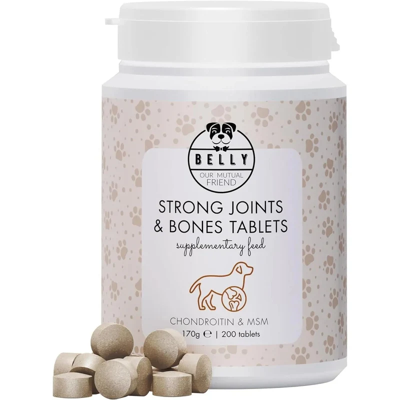 Condroprotetor comprimidos para cães grandes e pequenos com glucosamina e MSM, fortalece os ossos e as articulações, 200 cápsulas com sabor a frango - Belly®