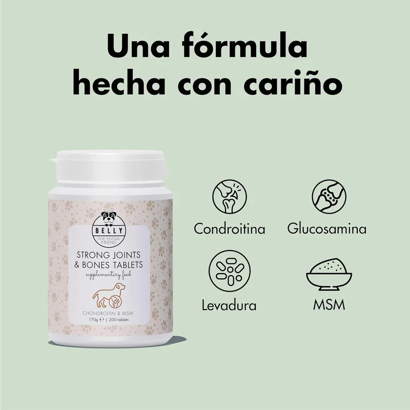 Condroprotetor comprimidos para cães grandes e pequenos com glucosamina e MSM, fortalece os ossos e as articulações, 200 cápsulas com sabor a frango - Belly®