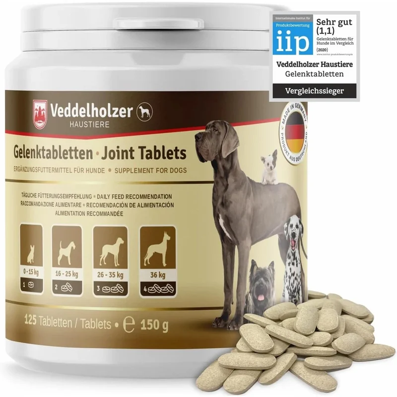 Comprimido condroprotetor para as articulações de cães com MSM, harpagófito, glucosamina, colagénio para fortalecer os ossos (125 cápsulas com hialurão e ômega3)
