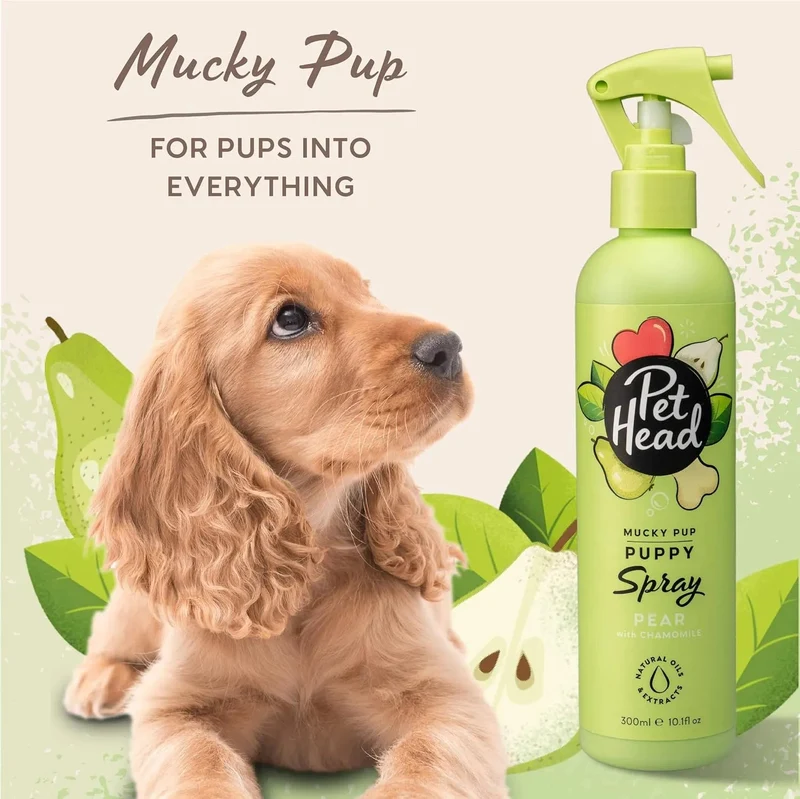 PET HEAD Mucky Puppy Spray desodorizante para cachorros 300 ml, aroma de pêra. Hipoalergénico com ingredientes naturais. Fórmula suave para cães e cachorros com mais de 8 semanas de idade