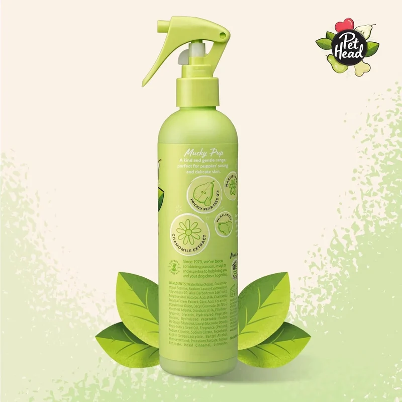 PET HEAD Mucky Puppy Spray desodorizante para cachorros 300 ml, aroma de pêra. Hipoalergénico com ingredientes naturais. Fórmula suave para cães e cachorros com mais de 8 semanas de idade